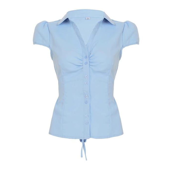 Mode Pendelaar Licht geplooid Effen kleur Shirt Revers Slank getailleerd Top M gray