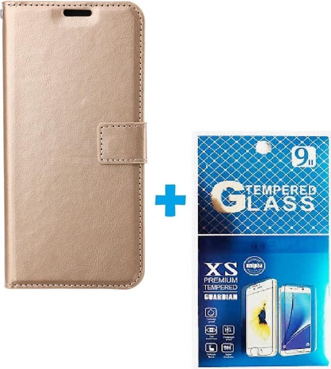 Portemonnee Book Case Hoesje + 2x Screenprotector Glas Geschikt voor: Motorola Moto E20 / E30 / E40 -  goud
