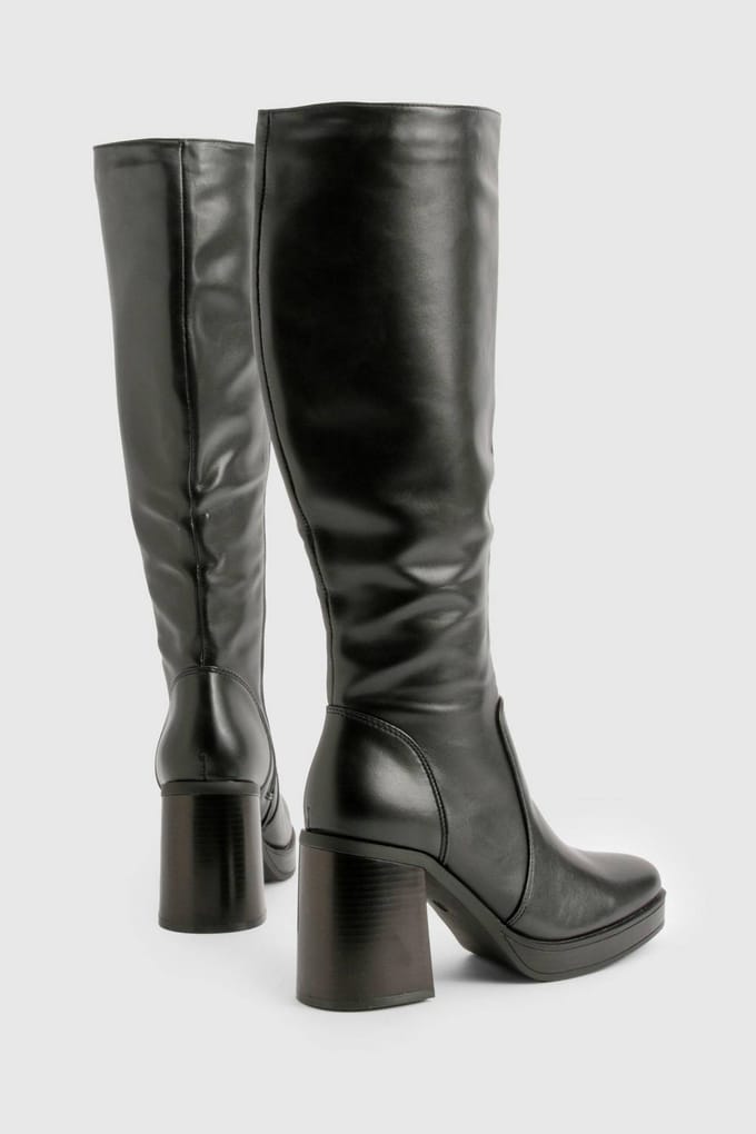 boohoo Dames Kniehoge Platform Block-Hoekhiel Laarzen | Zwart | Maat: 41