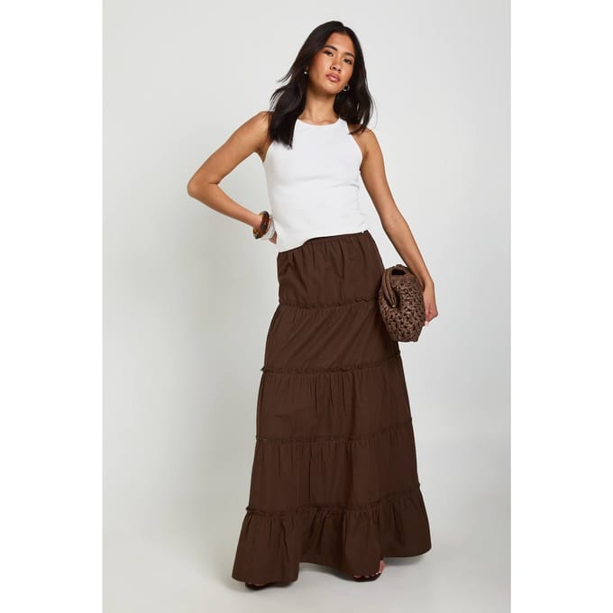 boohoo Dames Gelaagde Katoenen Popeline Maxi Rok | Chocoladebruin | Maat: 44