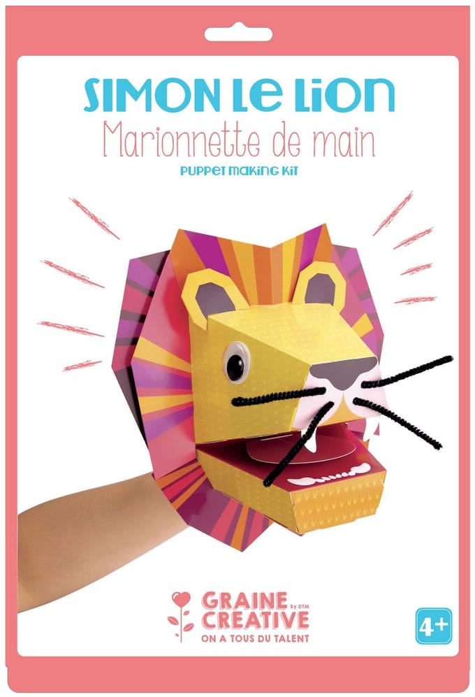 GRAINES CREATIVES - Kartonnen handpop Simon de leeuw 20,5 x 29 cm, knutselpakket