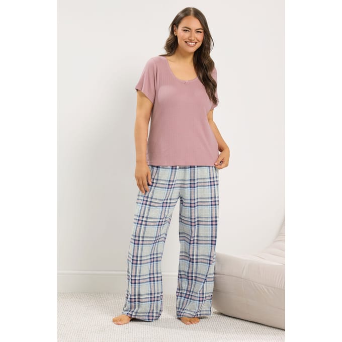 Yours Curve Roze Geruite Pyjamaset Met Wijde Pijpen Size 66-68