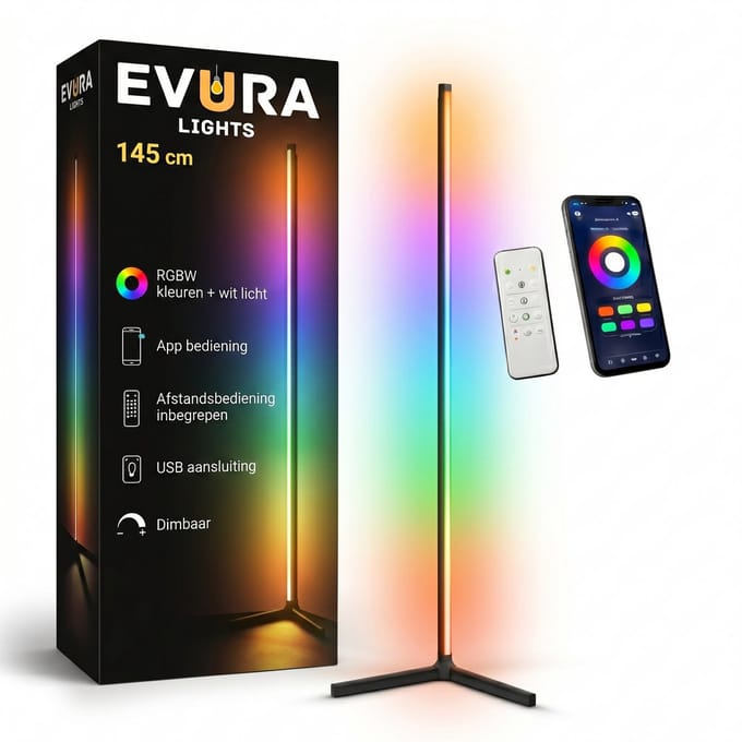 Evura Goods Hoeklamp - Vloerlamp 145 cm - App bestuurbaar - RGB en wit licht