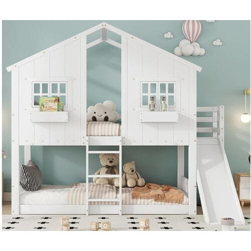 ModernLuxe Massief houten stapelbed met ladder en glijbaan - 90x200 cm - Wit