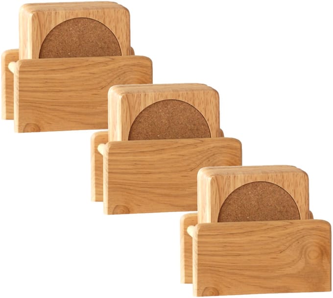 Set van 18x glazenonderzetters hout in houder 10 cm