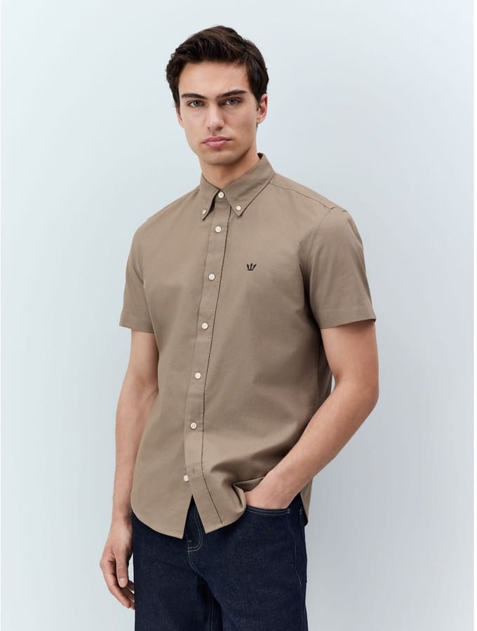 Next - Heren - Oxford overhemd met stretch en korte mouwen - Naturel
