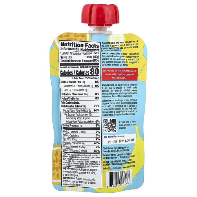 Loco Bebe, Biologische Puree, 6+ Maanden, Totaal Tropisch, 4 oz (113 gr) white
