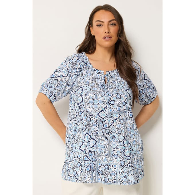 Yours Blauwe Bardot Top Met Tegeltjesmotief Size 50-52
