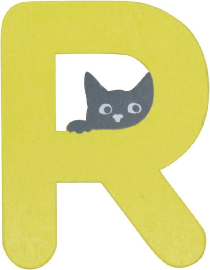 Houten Letter R Geel met Kat | 9 cm