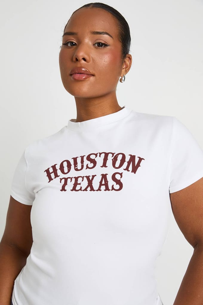 boohoo Dames Plus Houston Texas Print Baby T-shirt | Wit | Maat: 52