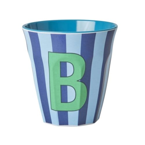 Rice melamine beker medium gestreept letter b, blauw