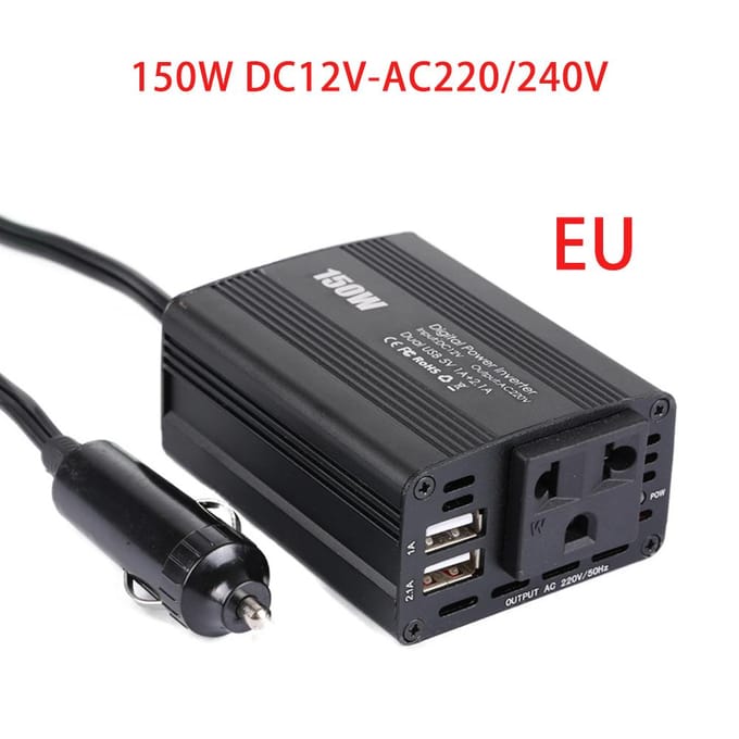 150W Auto Stroomomvormer DC 12V naar AC Converter met Dubbele USB Auto Oplader zwart