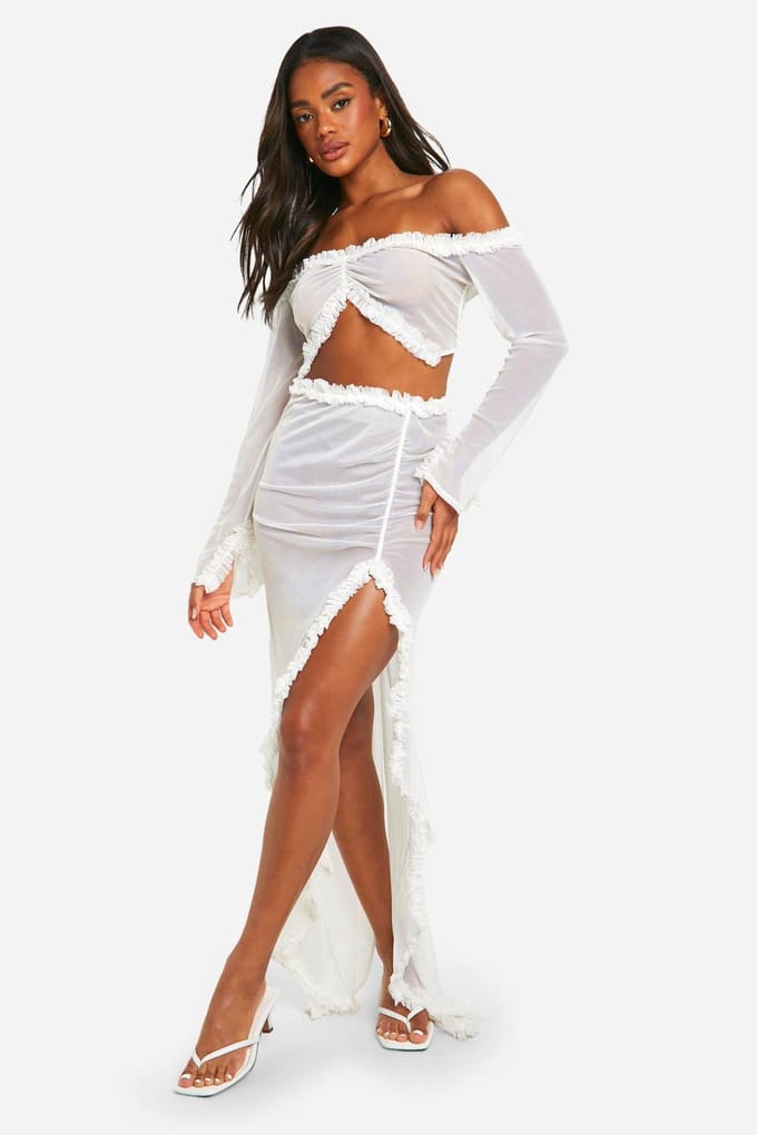 boohoo Dames Ruffle Mesh Maxi Rok | Wit | Maat: 40