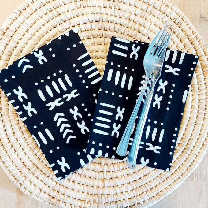Set van 8 Servetten | 40x40cm | Zwart "Mudcloth" | 100% Katoen