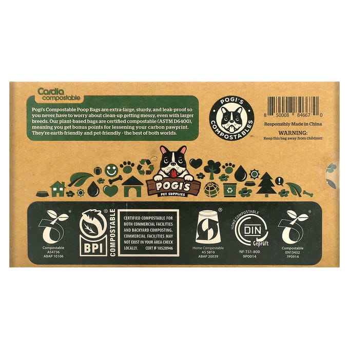 Pogi's Pet Supplies, Sacs à litière compostables, 18 rouleaux, 270 sacs à poignées black