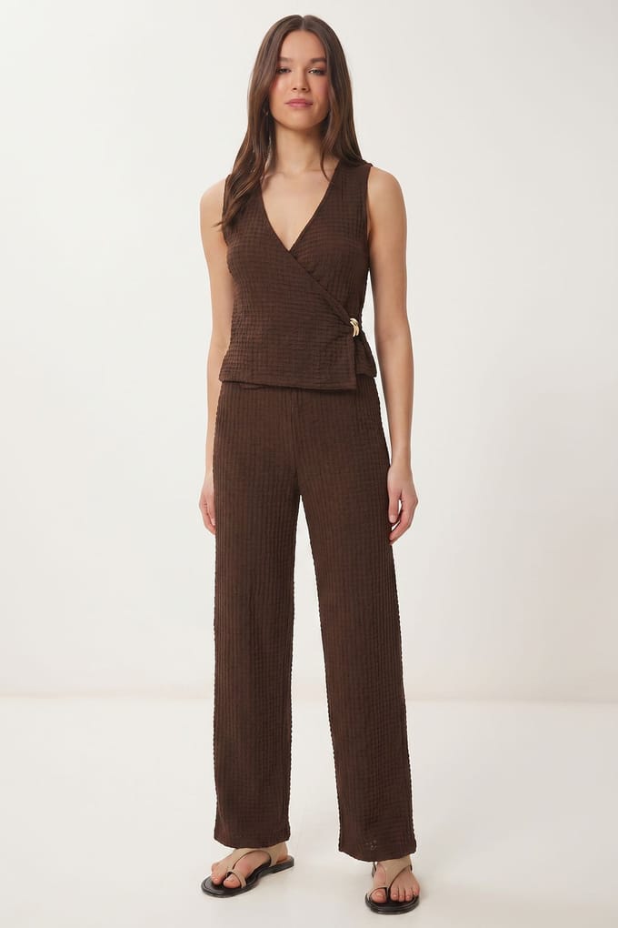 Gestructureerde V-hals Hoge Taille Co-Ord Set met Wijde Pijpenbroek