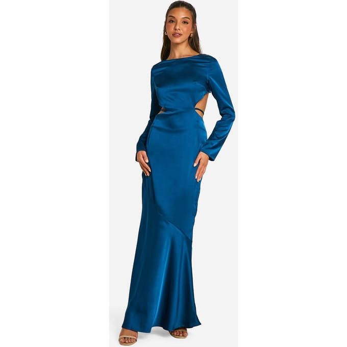 boohoo Dames Satijn Tie Back Maxi Jurk | Marineblauw | Maat: 46