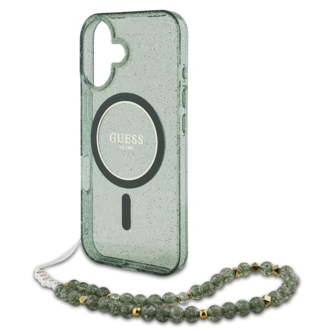 Guess geschikt voor MagSafe IML Glitter Case met beads strap geschikt voor iPhone 16 Pro Max - Green