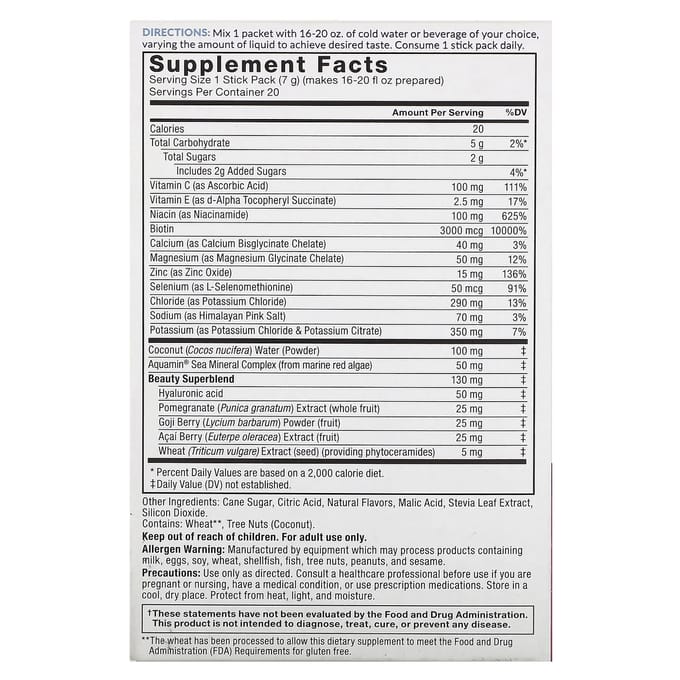 Force Factor, Liquid Labs Beauty, Mélange de Boisson Électrolytique pour Hydratation Rapide, Baies Tropicales, 20 Sachets Sticks, 0,25 oz (7 grammes) Chaque