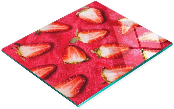 Glazen serveerplank met afbeelding van gesneden aardbeien, 60x52 cm