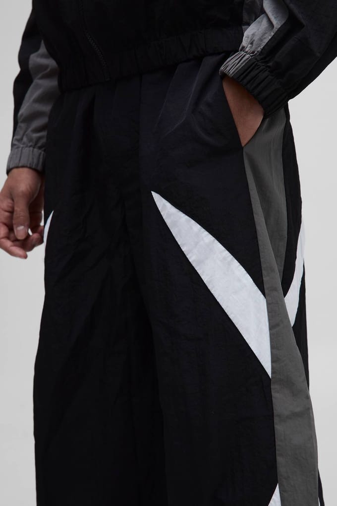Elasticated Waist Parachute Side Stripe Track Pants | Black | Size Medium