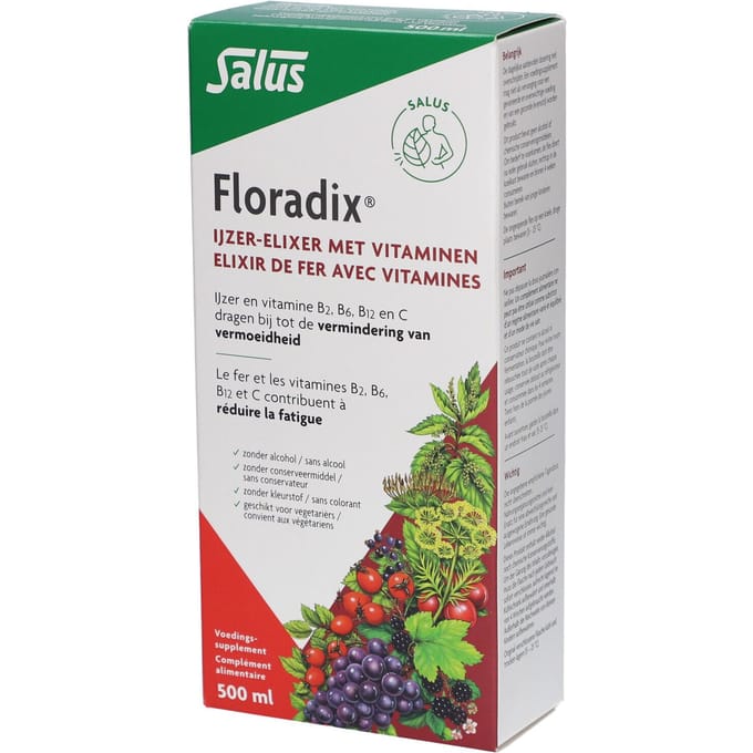 Salus Floradix IJzer-elixir – Bij vermoeidheid – Voedingssupplement met ijzer en vitamine B12 – 500 ml