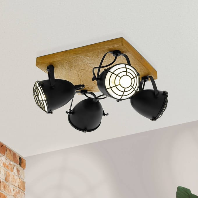 EGLO Gatebeck - wand/plafondlamp - 4-lichts - E14 - hout/zwart