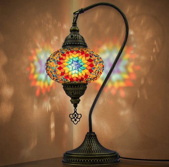 Mozaiek Lamp - handgemaakte tafellamp - E14 - dik glas en messing basis - Marokkaanse stijl