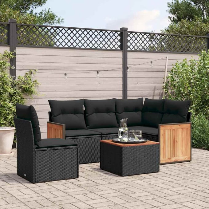 vidaXL - 6-delige - Loungeset - met - kussens - poly - rattan - zwart