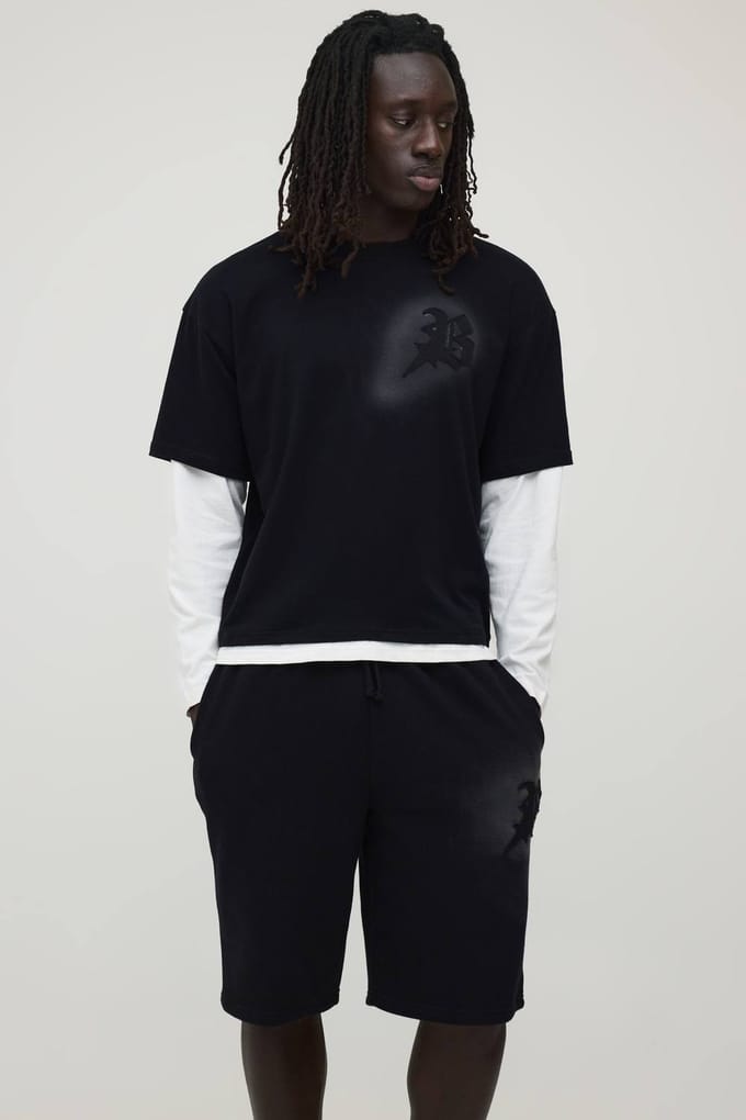 Oversized Ruime B Applicatie Faux Laag Gewassen T-shirt En Short Set | Black | Size Medium