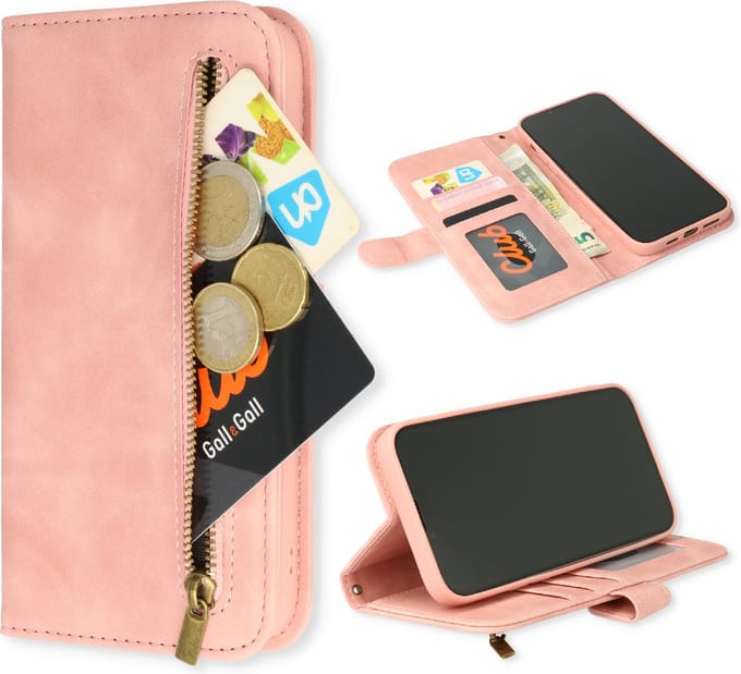 Casemania Hoesje Geschikt voor Samsung Galaxy S23 Plus - Pale Pink - Luxe Kunstlederen Portemonnee Book Case met Rits