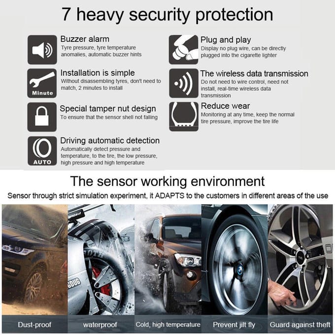 KKmoon TPMS système de surveillance de la pression des pneus sans fil énergie solaire en temps réel Internal Sensors black