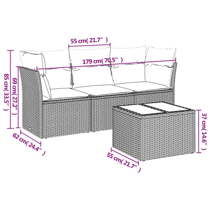 vidaXL - 4-delige - Loungeset - met - kussens - poly - rattan - zwart