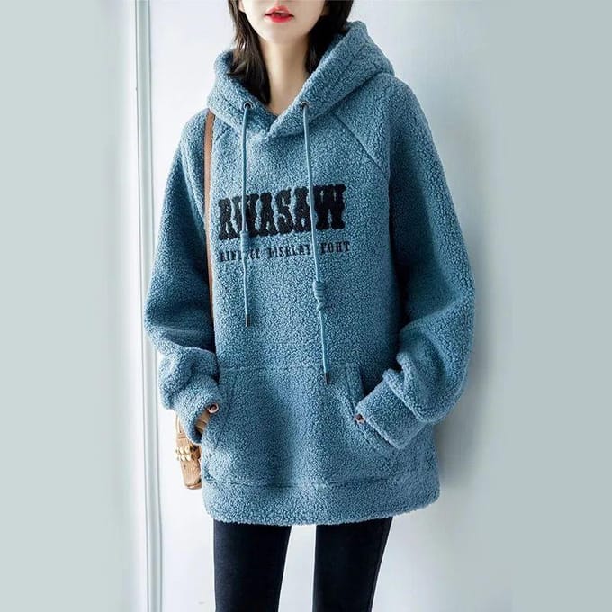 Lente en Herfst Dames Pullover Winter Pluche Dikke Trui met Capuchon Letter Borduurwerk Losse Oversized Jas 2XL roze