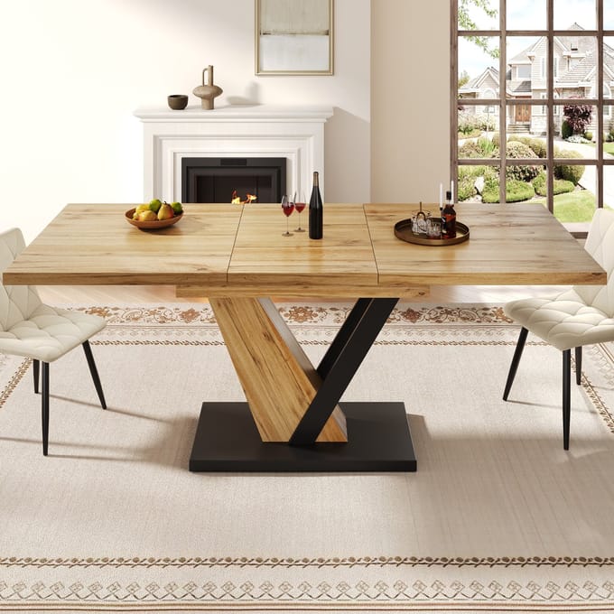 MODFU Uitschuifbare Eettafel - Houtnerf - Modern - Voor Keuken En Eethoek - MDF En Metaal - Houtkleur - 120-160 X 75 X 75,5 Cm