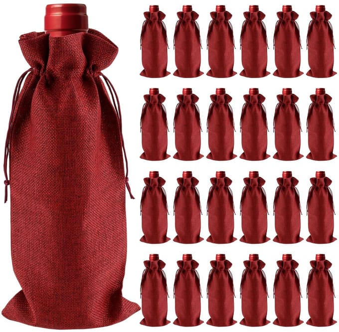 Solidchoice - Set van 24 Rode Jute Wijnzakken met Trekkoord