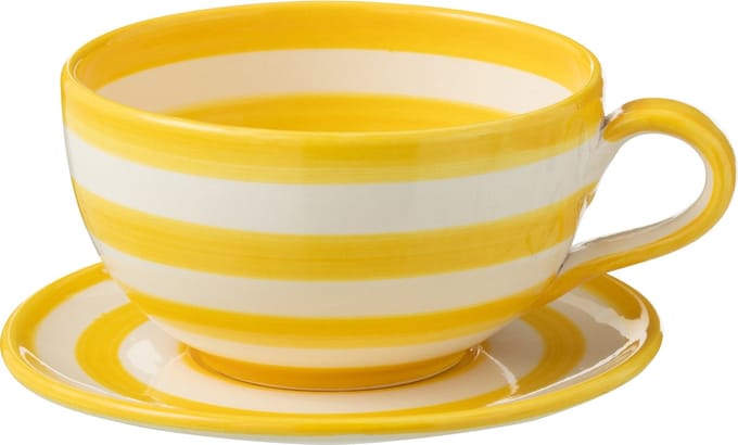J-Line kopje + schoteltje Granada Stripes - keramiek - wit/geel