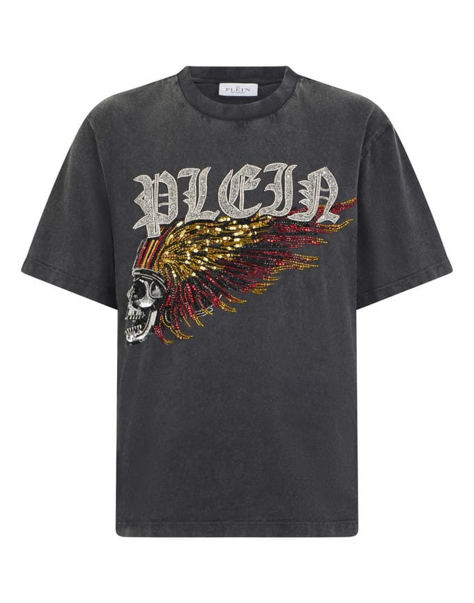 Washed Round Neck T-Shirt Eagle Skull Skull