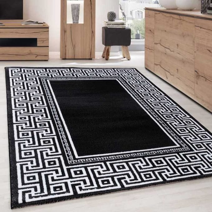 Modern geometrisch design vloerkleed met Versace Optical rand, zwart-wit 120x170 cm
