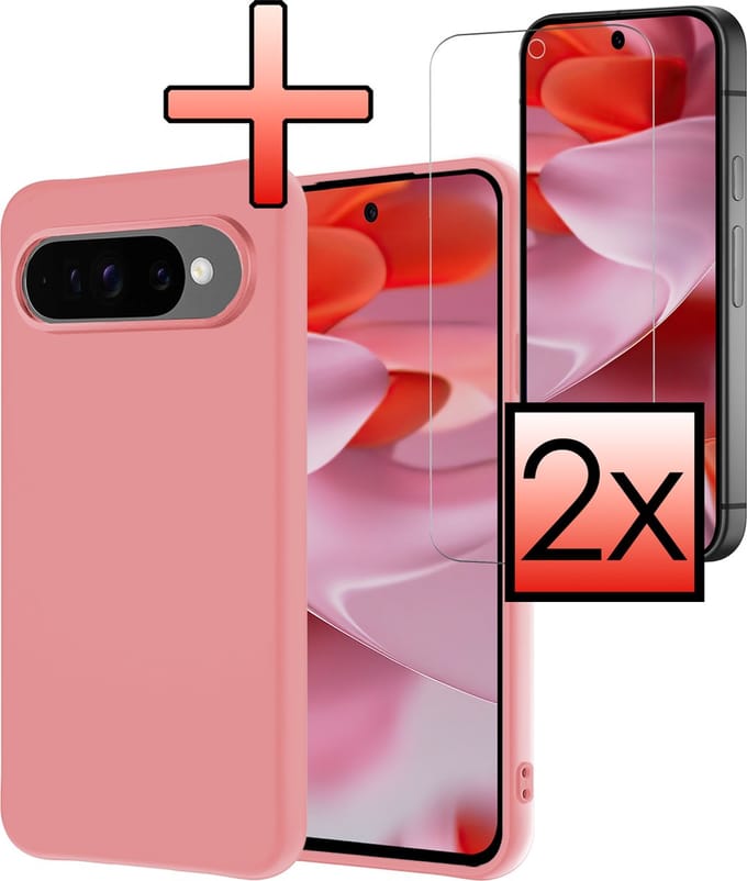 Hoesje - Met 2x Screenprotector - Geschikt voor Google Pixel 9 Pro - Sterk & Shockproof - Back Cover - Siliconen Case - Telefoon Hoes - Lichtroze
