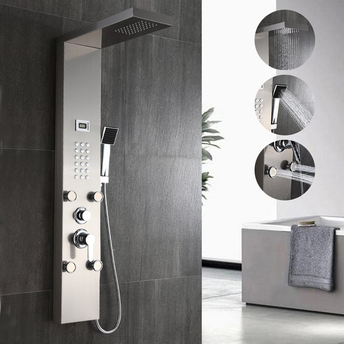 Auralum Max Douchepaneel met Massage - Regendouche - 4 in 1 Douchekolom - LCD Display - Spa jets Massage - Doucheset - RVS - Douche Combinatie Set - Opbouw - Zilver