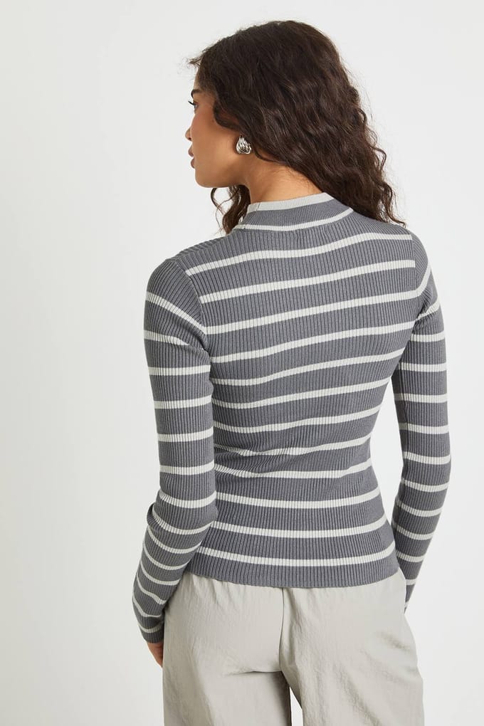boohoo Dames Stripe Long Sleeve Knit Top | Houtskool | Maat: Medium