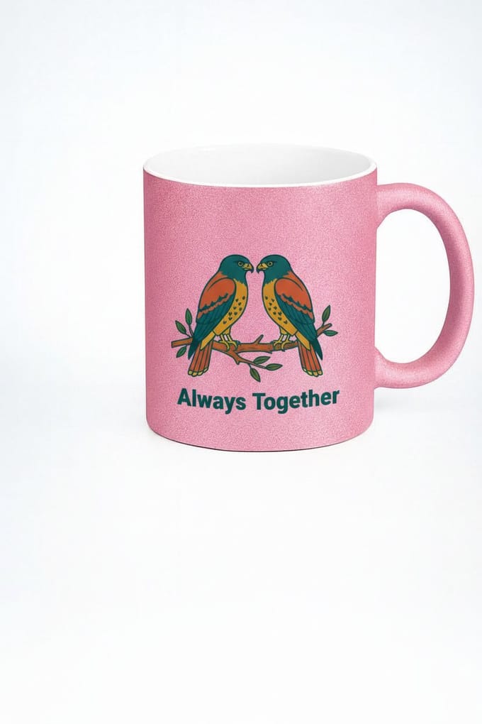 Glitter Roze Mok met Liefdesvogels | 'Always Together' Cadeau Beker