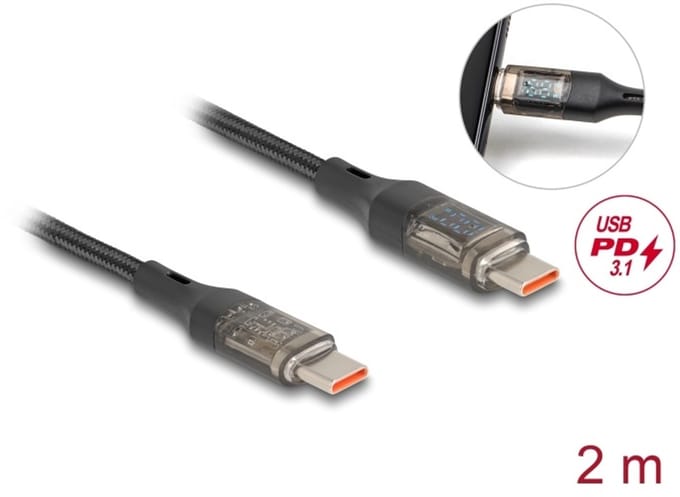 Delock USB 2.0 Data and Fast Charging Cable USB Type-C™ male to male PD 3.0 100 W with power indication transparent 2 m