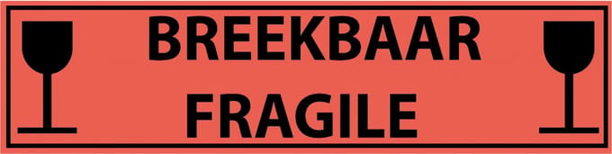 Breekbaar fragile sticker, oranje zwart 200 x 50 mm