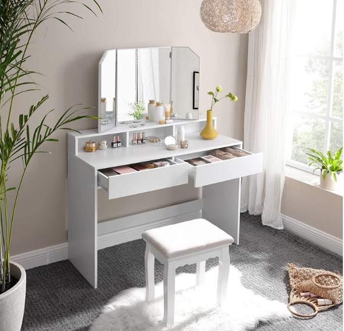 MIRA Home Kaptafel - Make-up tafel - Met spiegel - Modern - Hout - Wit - 100x40x142