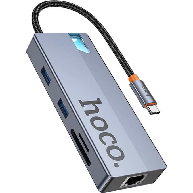 Hoco 8-in-1 USB-C Hub met HDMI 4K@60Hz, Fast Ethernet (100Mbps), 2x USB-A 3.0, Card Reader