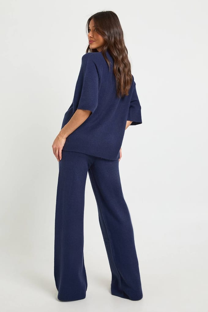 boohoo Dames Gebreide Korte Mouwen Top En Broek Set | Navy | Maat: Large