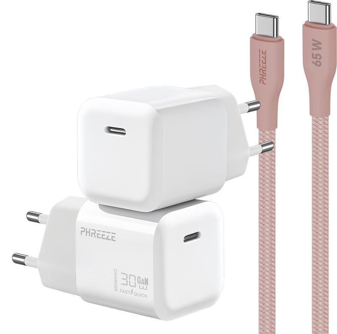 Power Delivery oplader met 30w usb C poort met usb C kabel 1m roze
