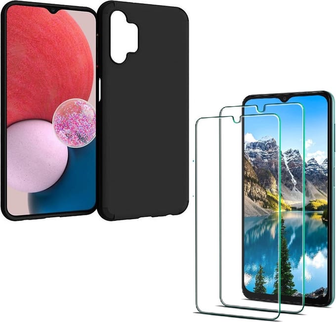 Silicone hoesje zwart met 2 Pack Tempered glas Screen Protector Geschikt voor: Samsung Galaxy A13 4G